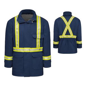 The work jacket made from polyester and cotton blend